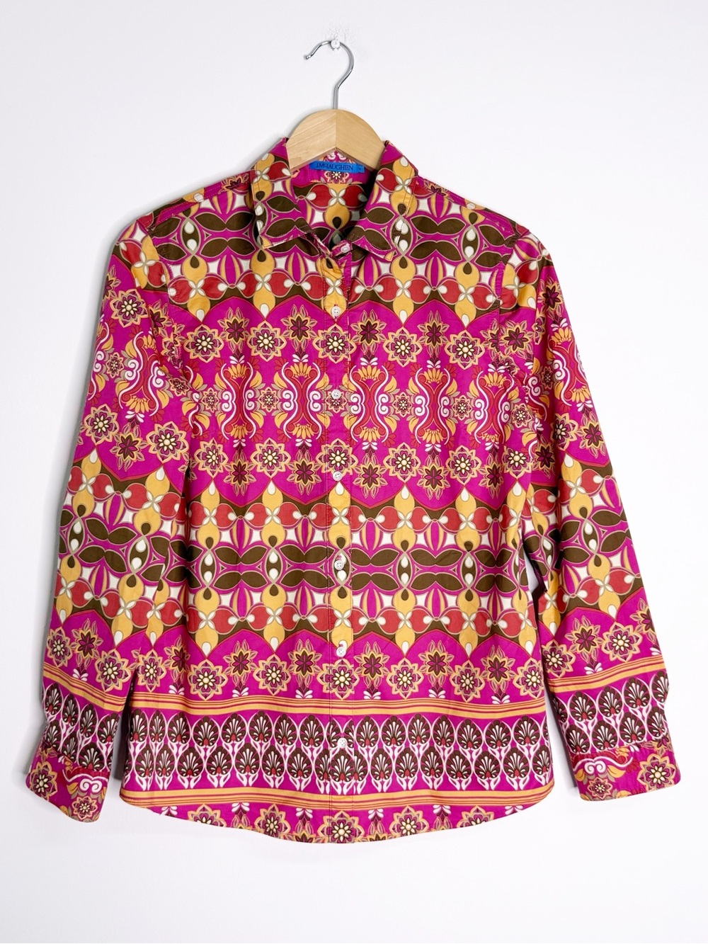 J.McLaughlin Lois Blouse Medium Pink Brown Geometric Floral Button Front